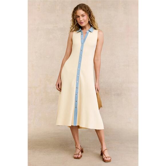 CeCe Dresses & Skirts - CeCe Sweater Dress Denim Collar Placket Sleeveless Rib Knit Midi Off White L